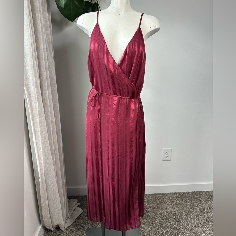 J.O.A. Burgundy Satin Wrap Midi Dress Size S